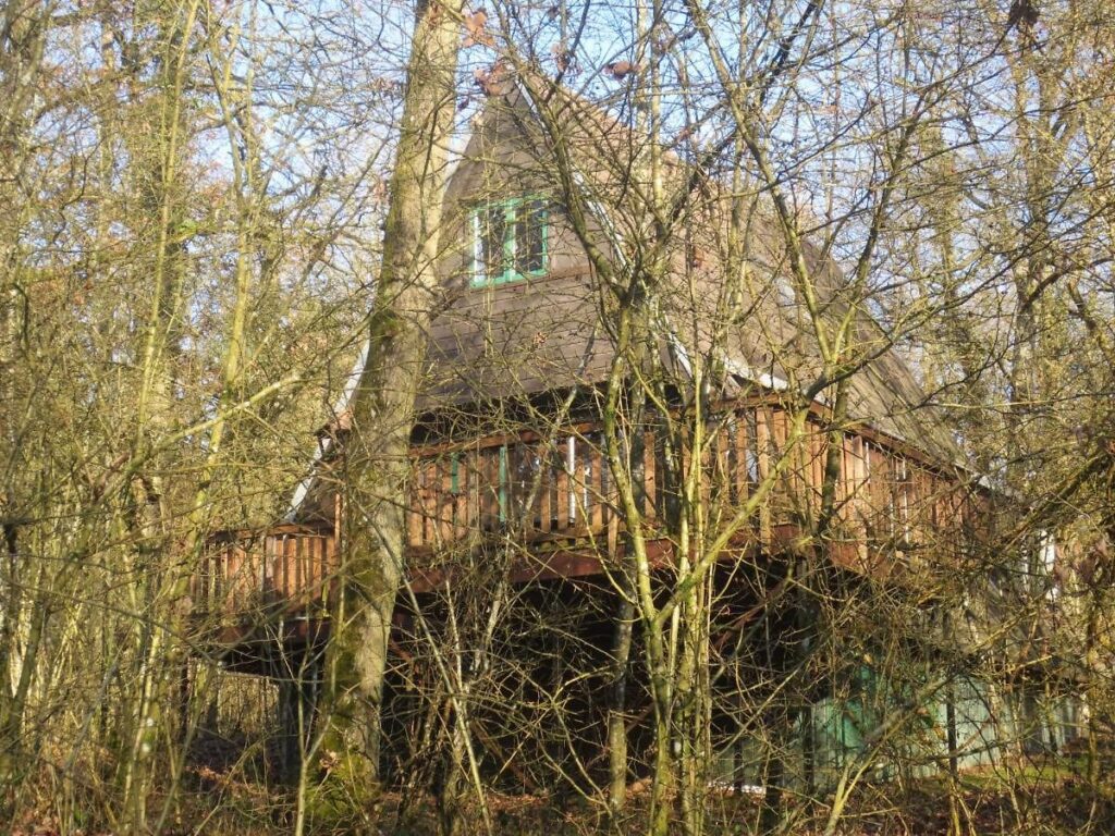 Foto van chalet in herfstbos